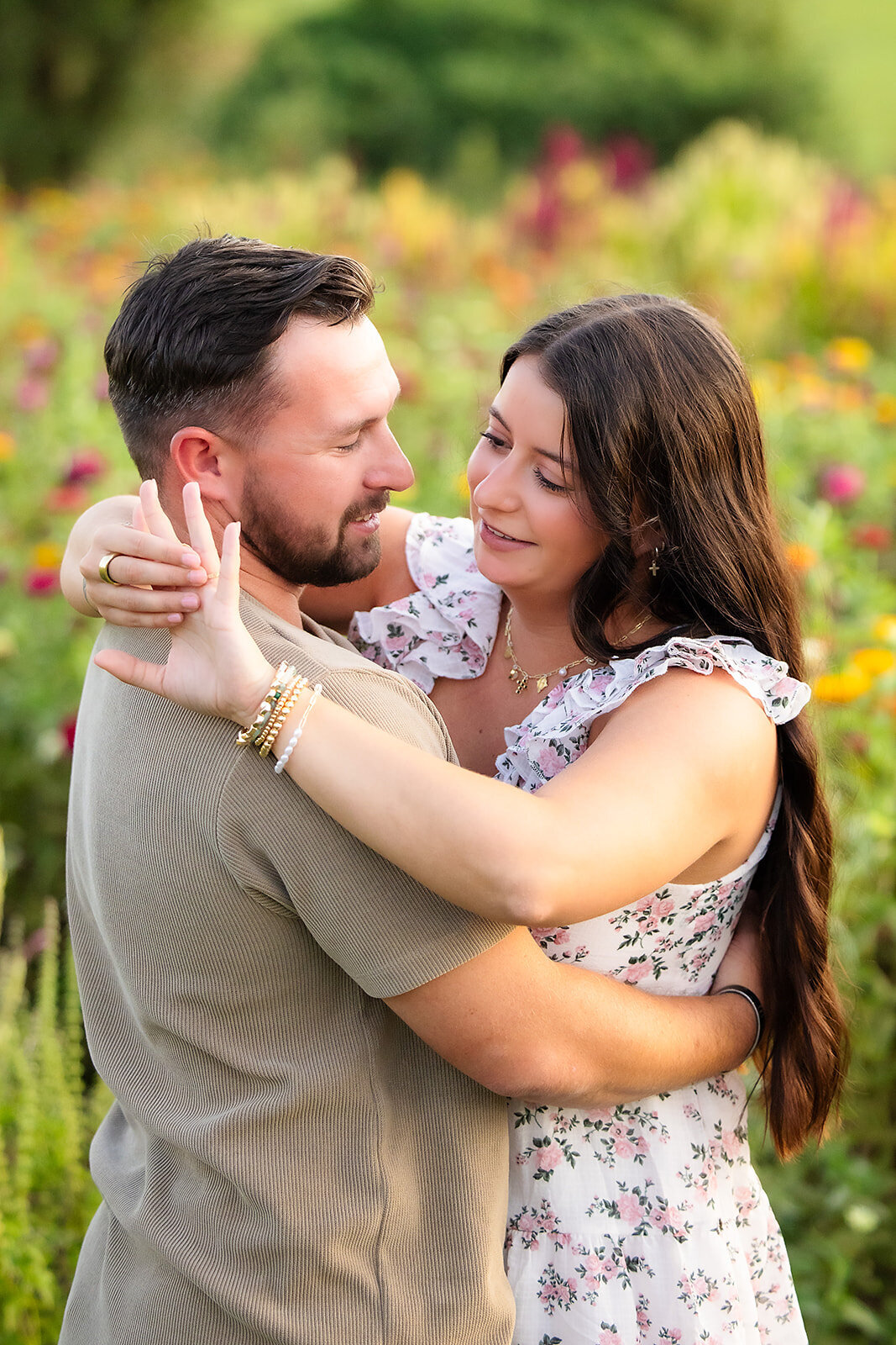 woman looking at ring after engagement