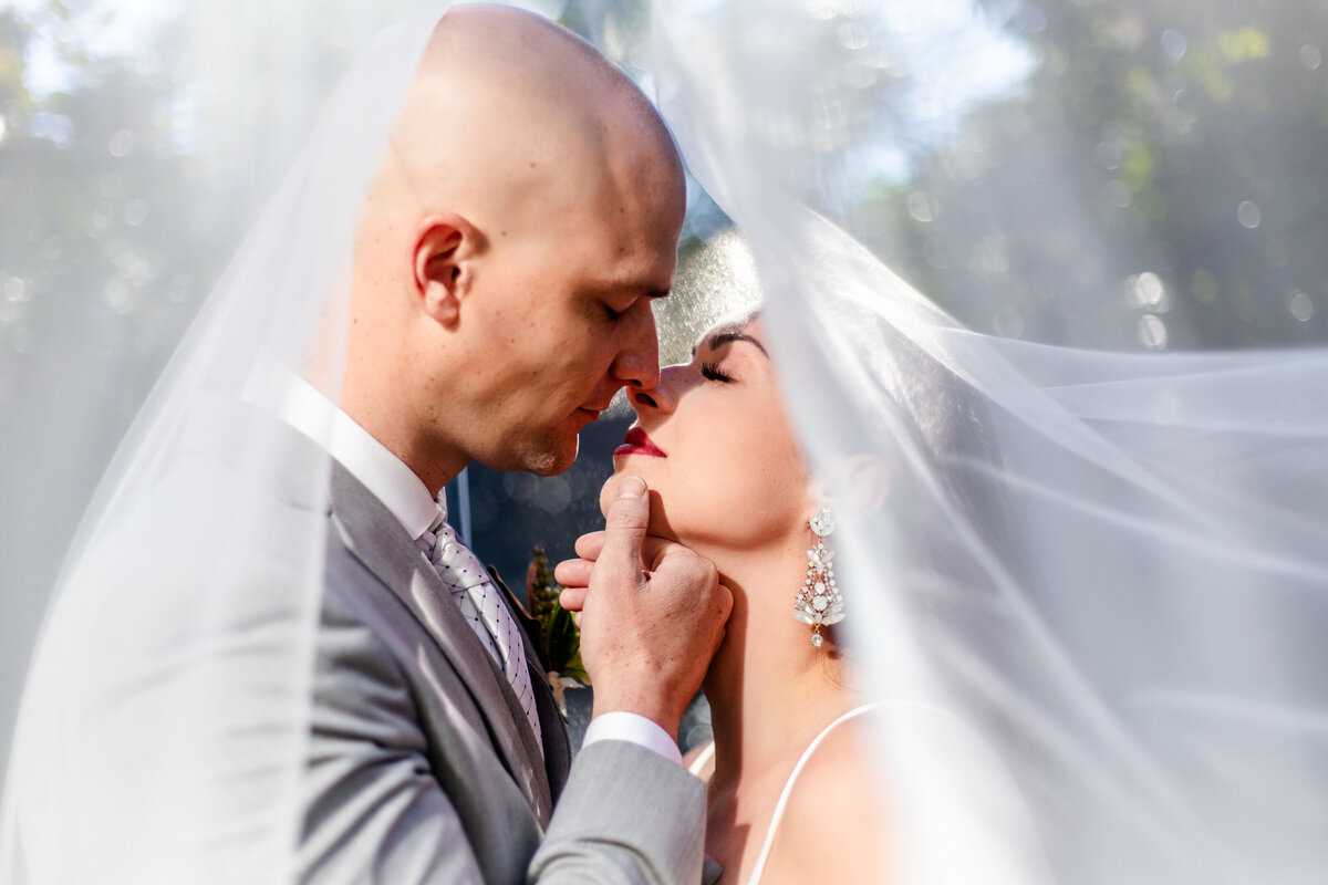 Wedding couple, under veil at River Road & Jasmine House