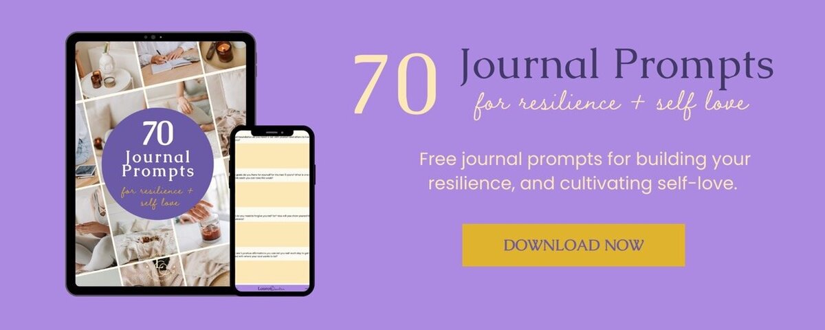 Banner for 70 Journal Prompts for resilience + Self love freebie