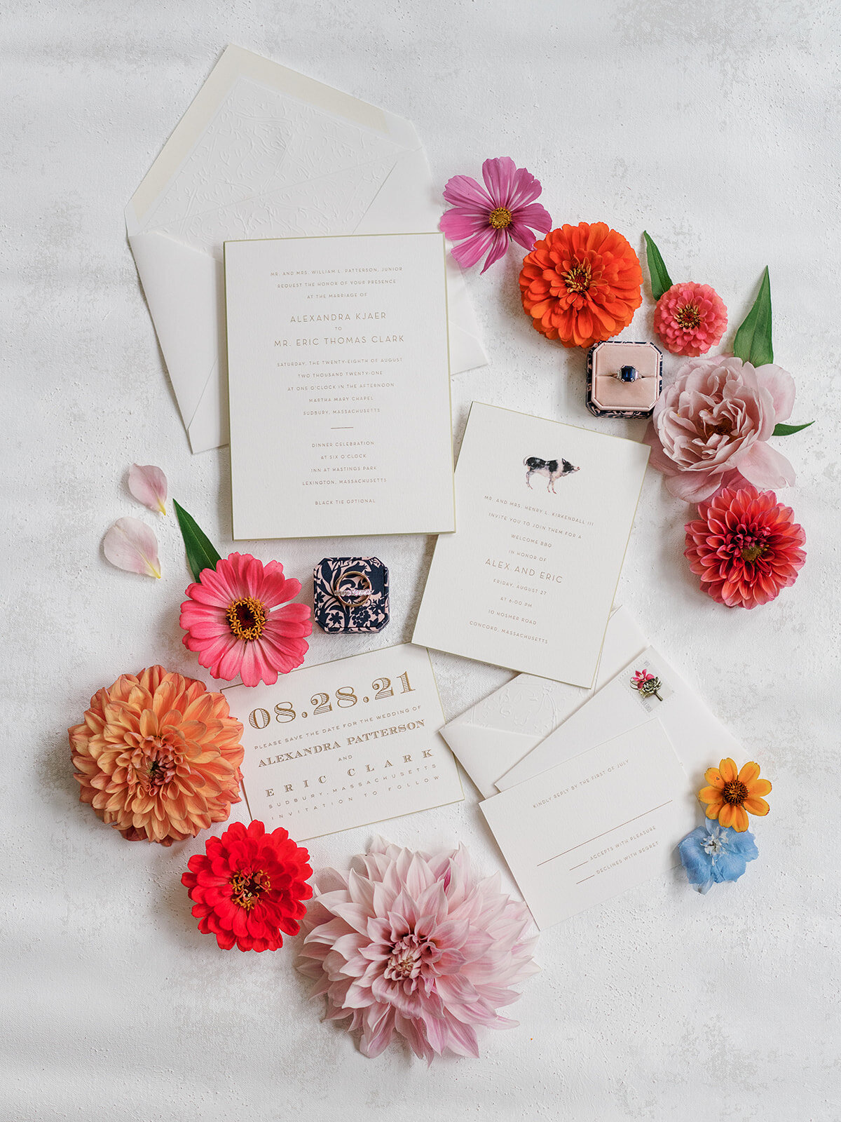 Kate-Murtaugh-Events-letterpress-fine-stationery-Boston-MA-wedding-planner-watercolor-artwork-ring-box-colorful-flowers-flatlay