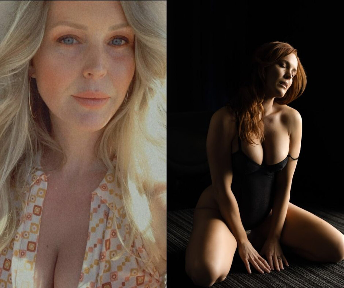 A before and after DC boudoir photography image set of a blonde woman before her session and during kneeling in the sun from a window in lingerie
