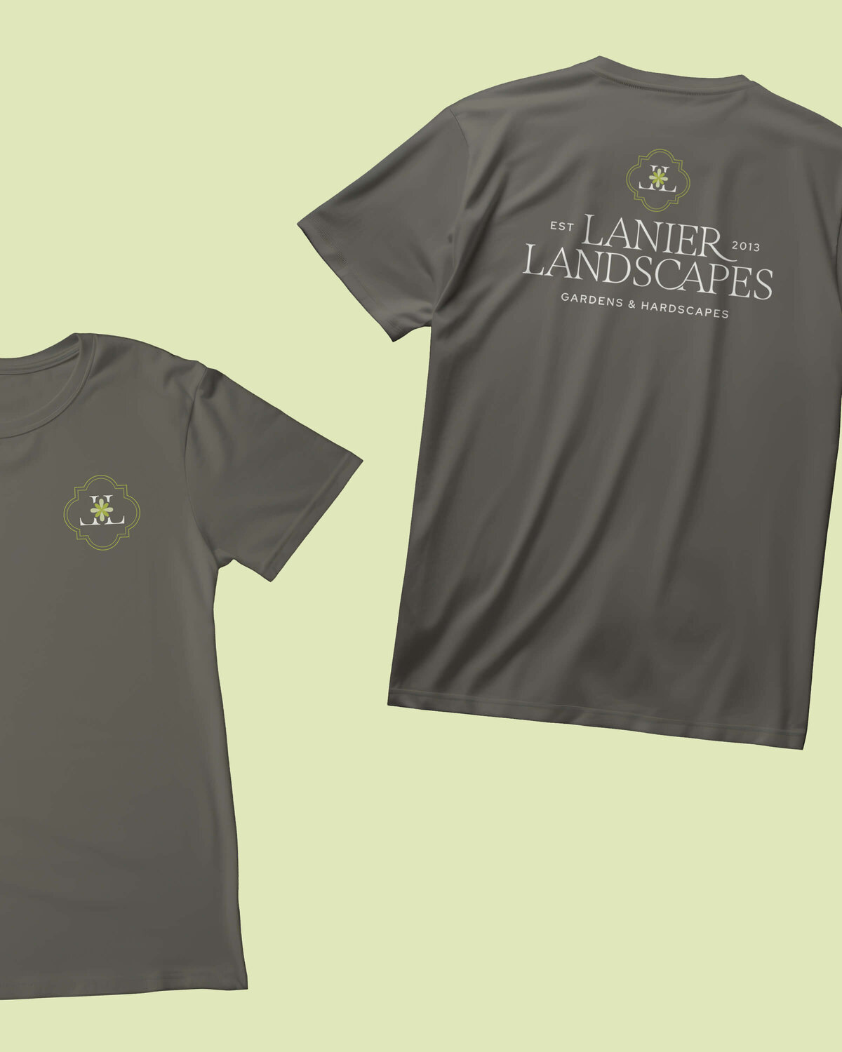 Earth-toned branded T-shirts with delicate floral crest, perfect for small businesses with a soft, elevated garden-inspired brand.