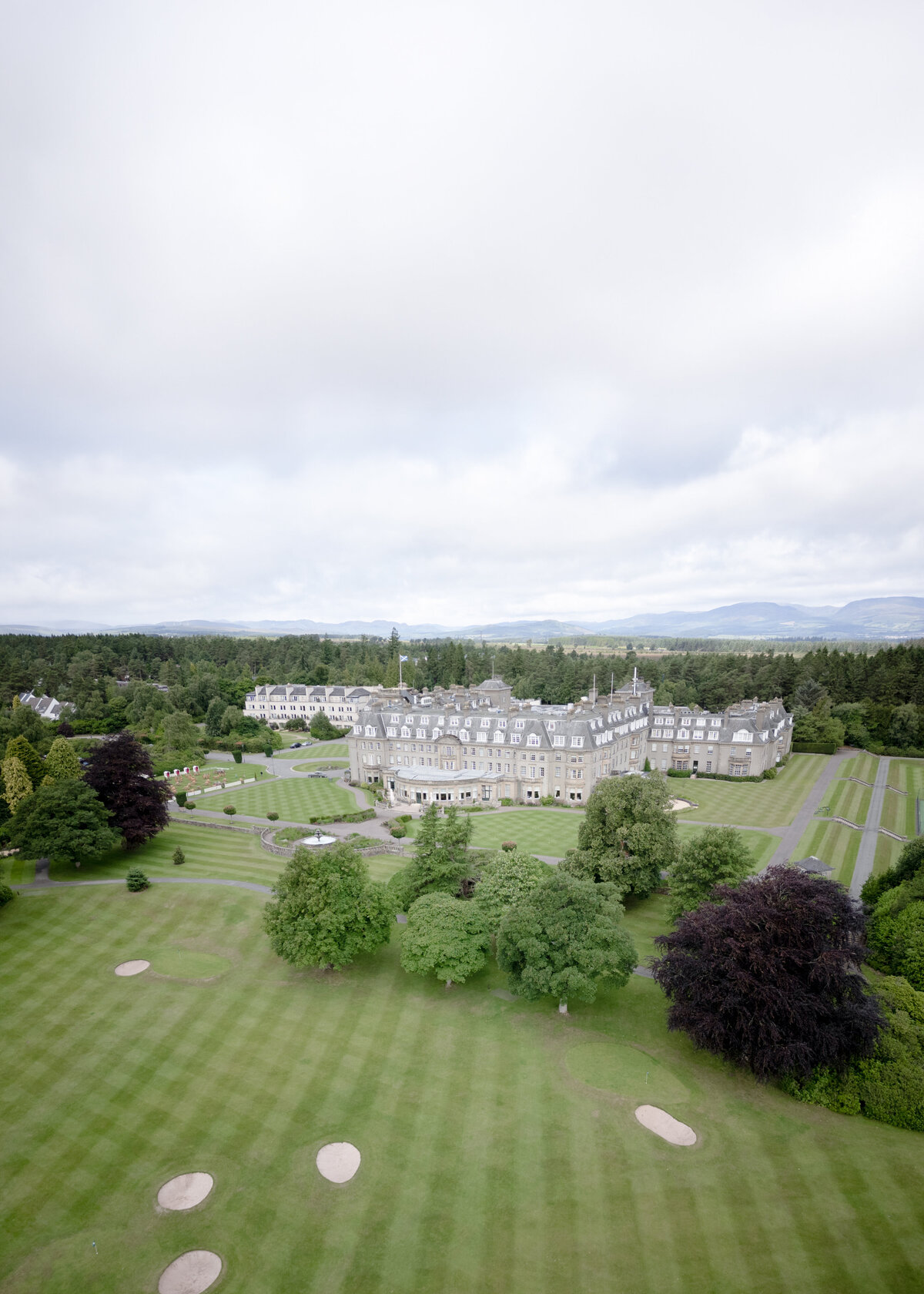 Aerial view of Gleneagles Hotel by Scotland by Wedding Videographer Cinemate Films and Luxury Wedding Photographer Jill Cherry Porter.