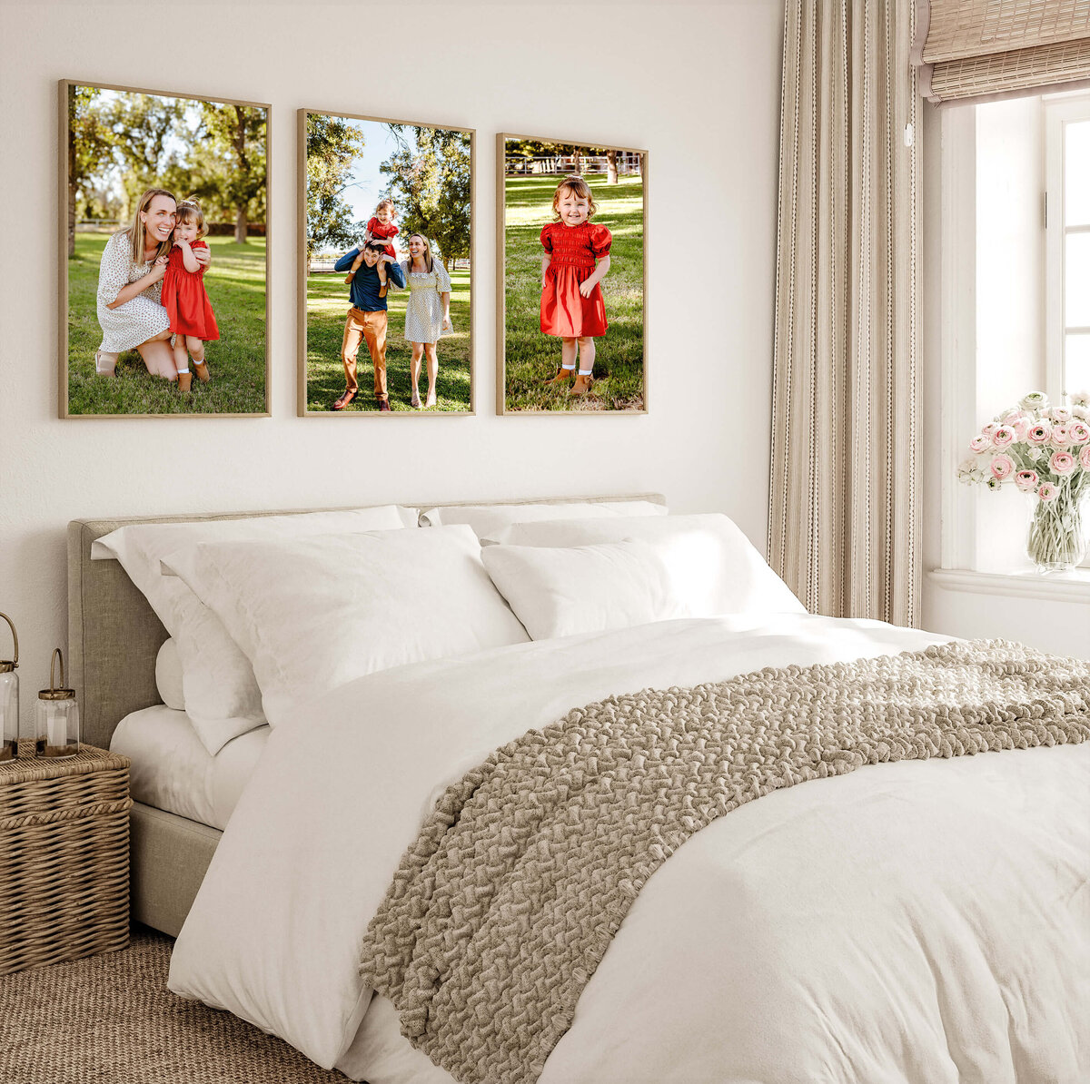 bedroom with three 16x20 printsbright bedroom with three 16x20, framed maternity prints by Cactus & Pine Photography hanging on the wall above the headboard