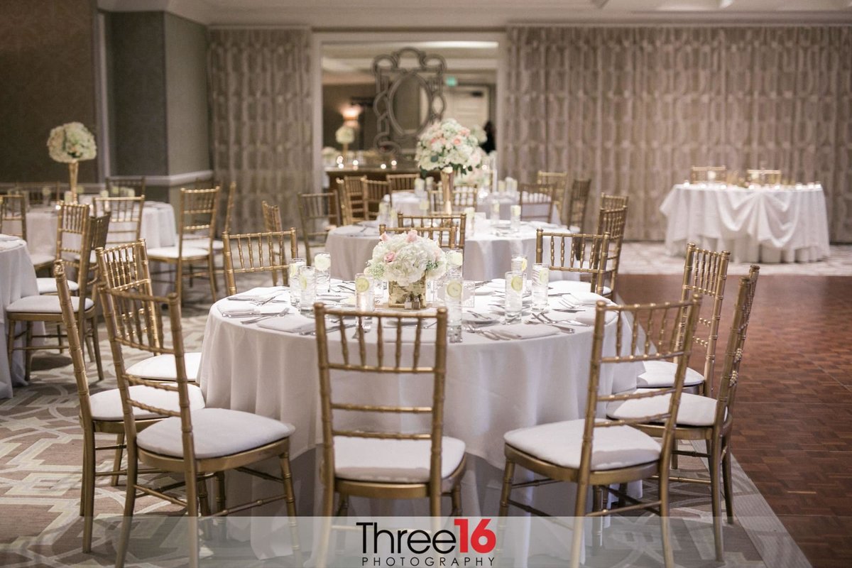 Table and Room setup for wedding reception at the Surf & Sand Resort