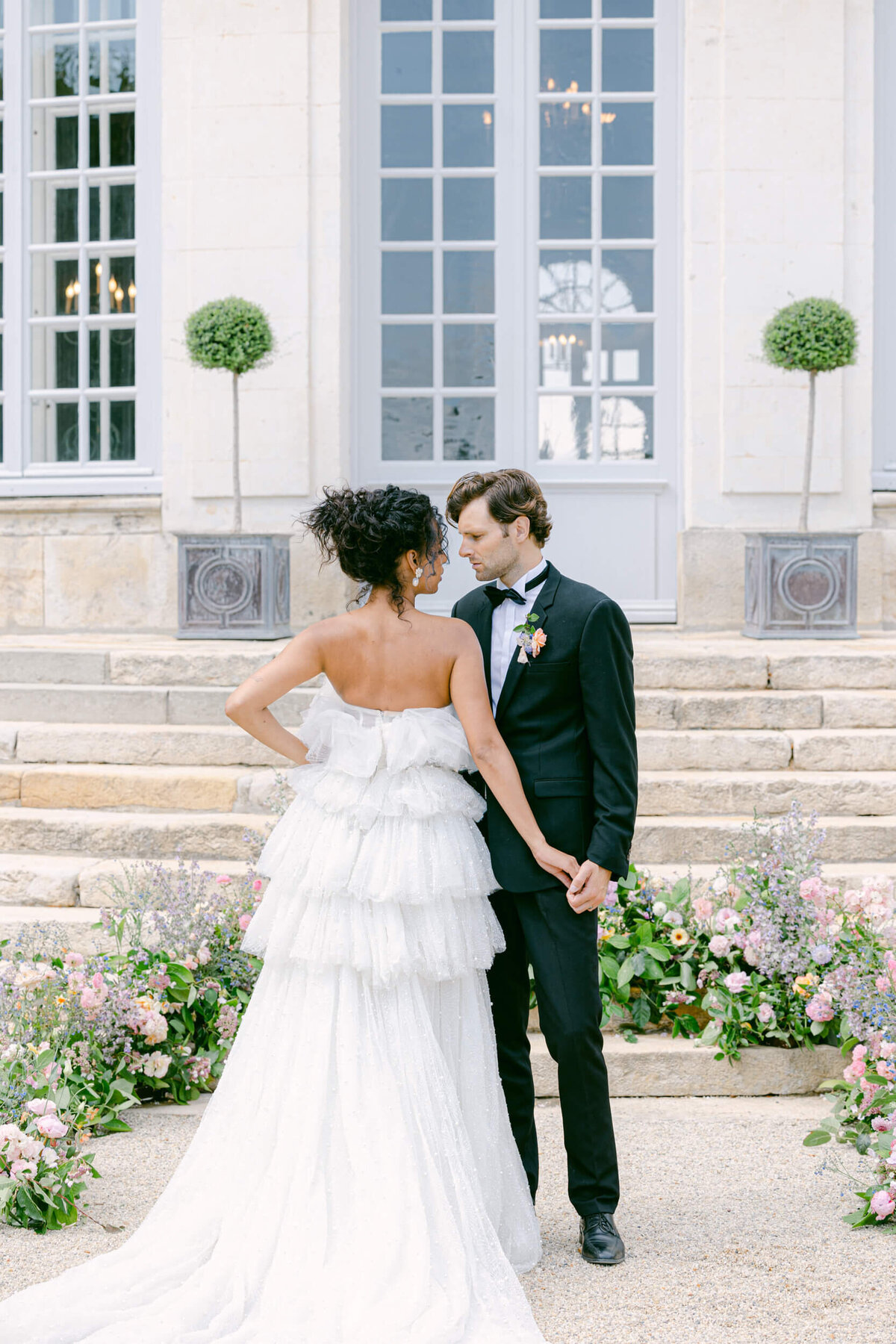 A wedding day photo of the bride and groom at Chateau du Grand Luce in France.