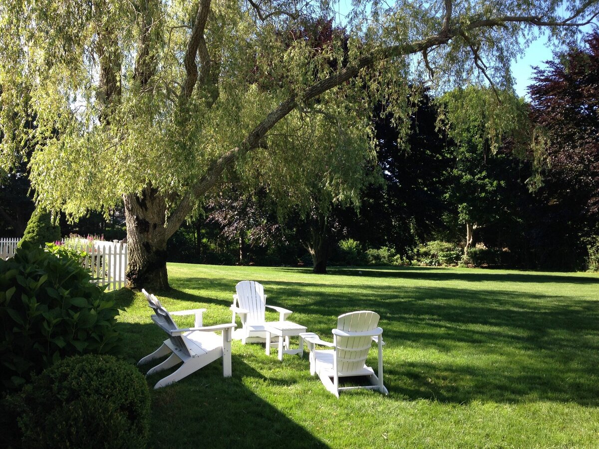 A wide, lush lawn featuring Adirondack chairs under the shade of tall trees.