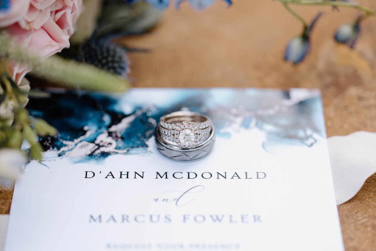 detail photograph of wedding rings laying on wedding invitation beside bridal bouquet