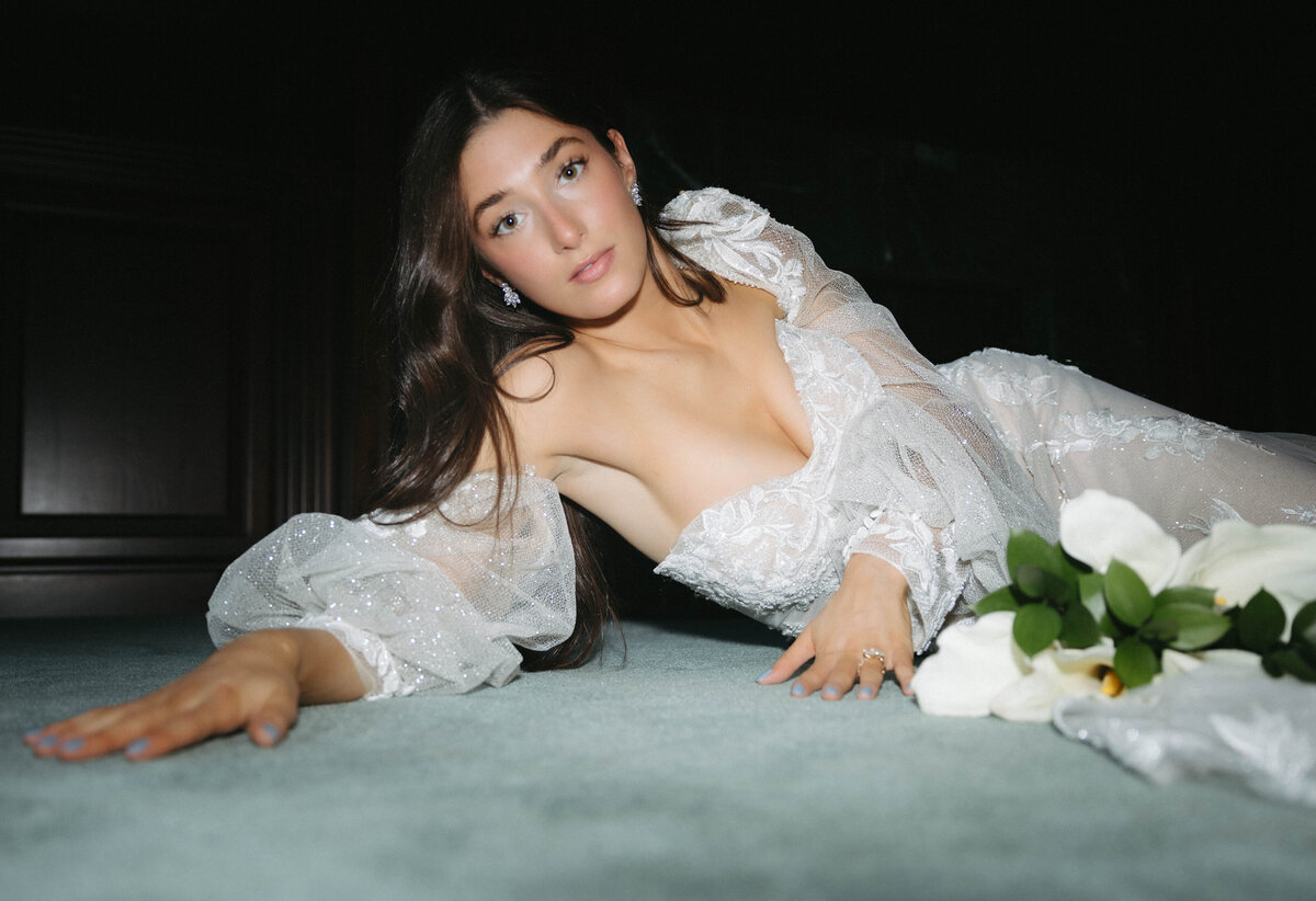 Editorial bridal portraits, flash bridal  portraits unique bridal gown
