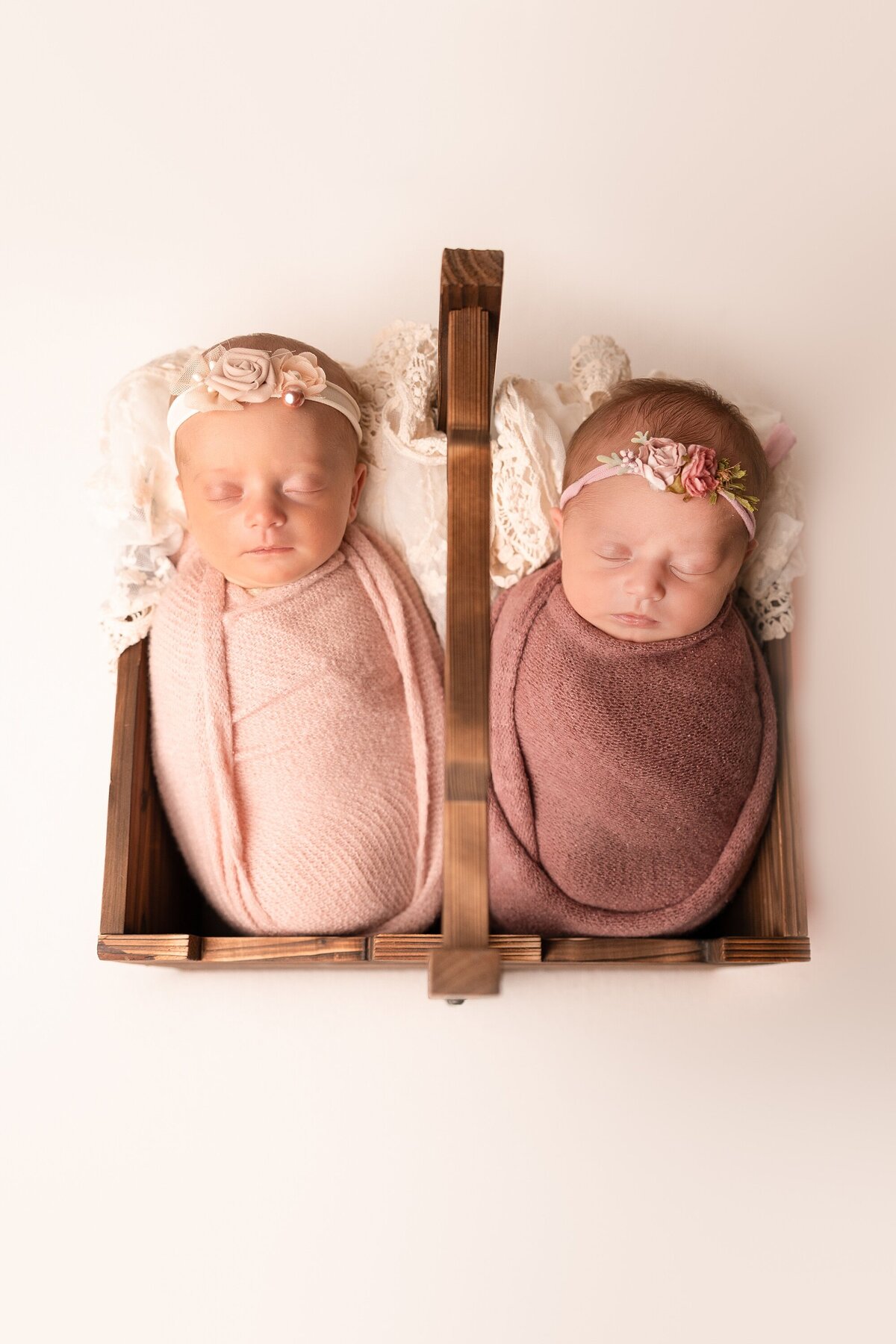 twin newborn girls in a basket