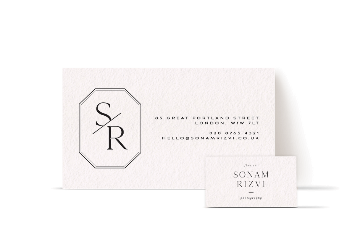 The Sonam Rizvi logo and brand mark displayed on two cards