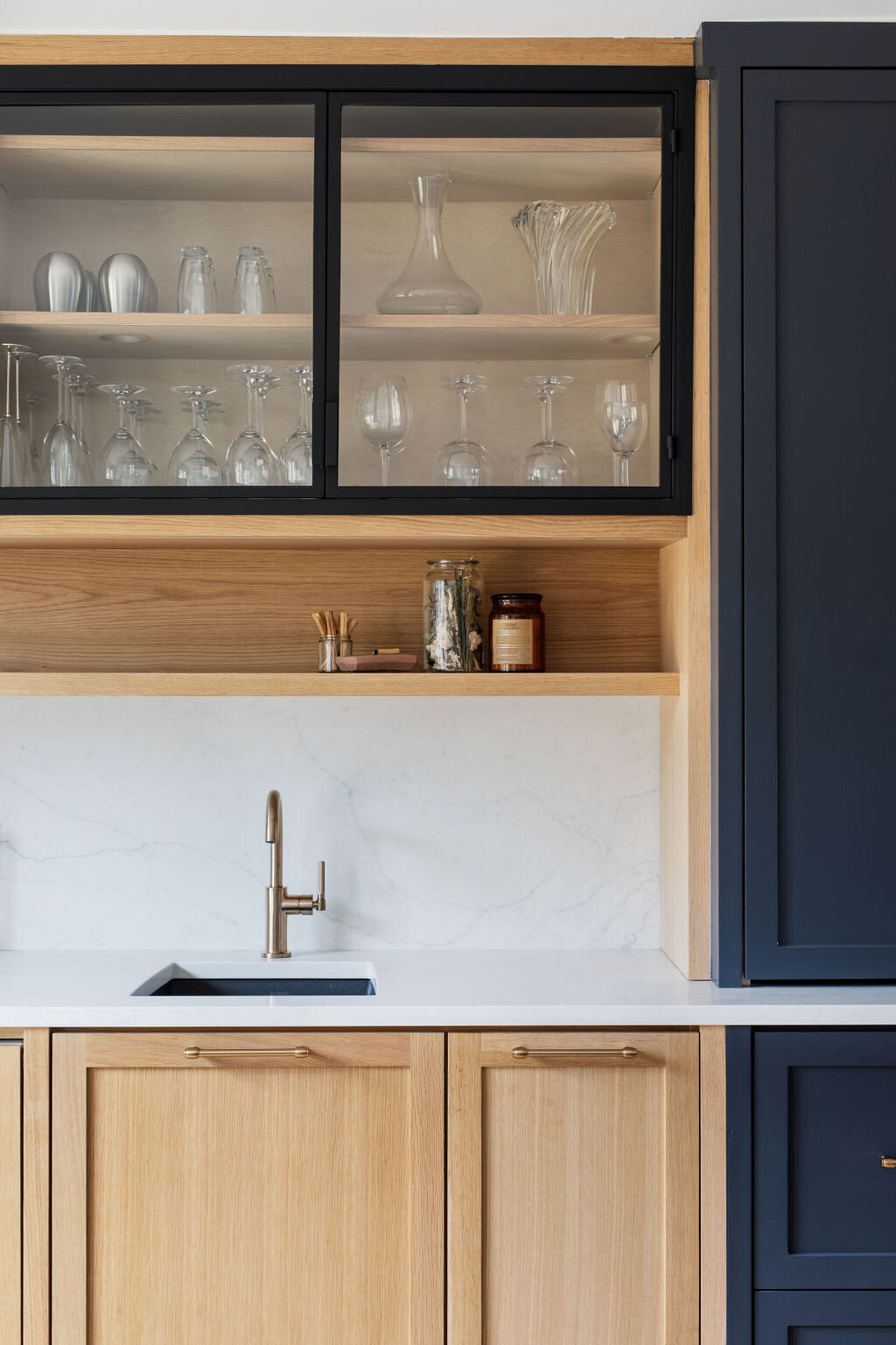 modern kitchen two tone navy and wood 2