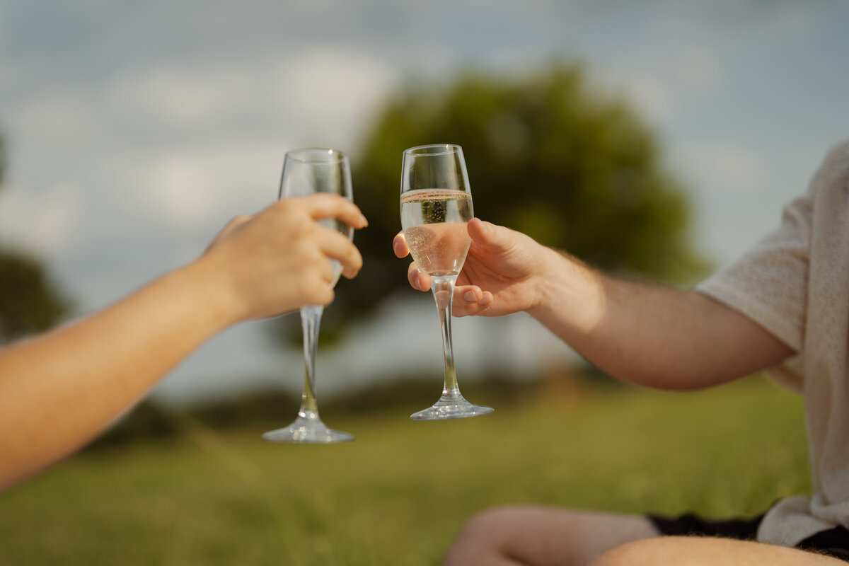 A close-up image capturing a celebratory champagne toast between a couple during their spring engagement session at the park near White Rock Lake in Dallas.