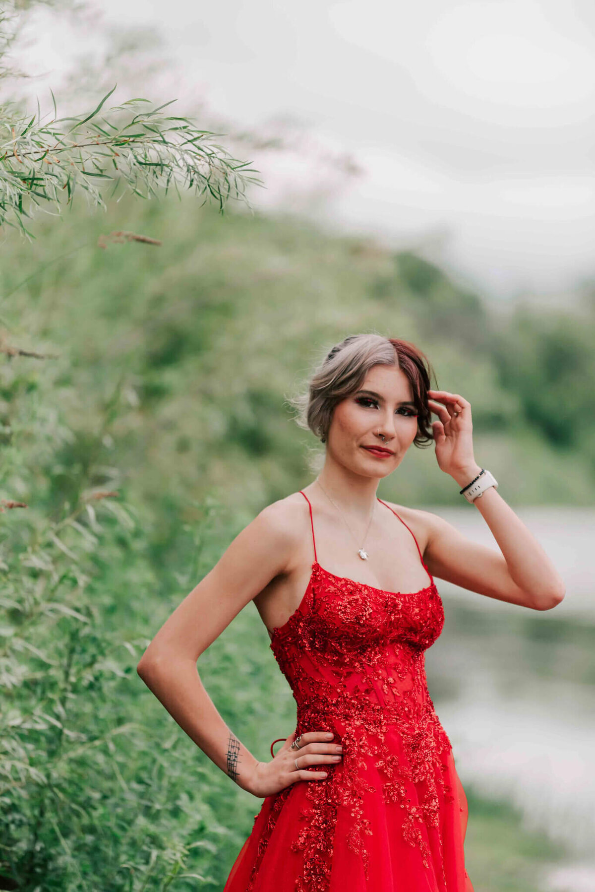 A close up of a girl with short hair. 