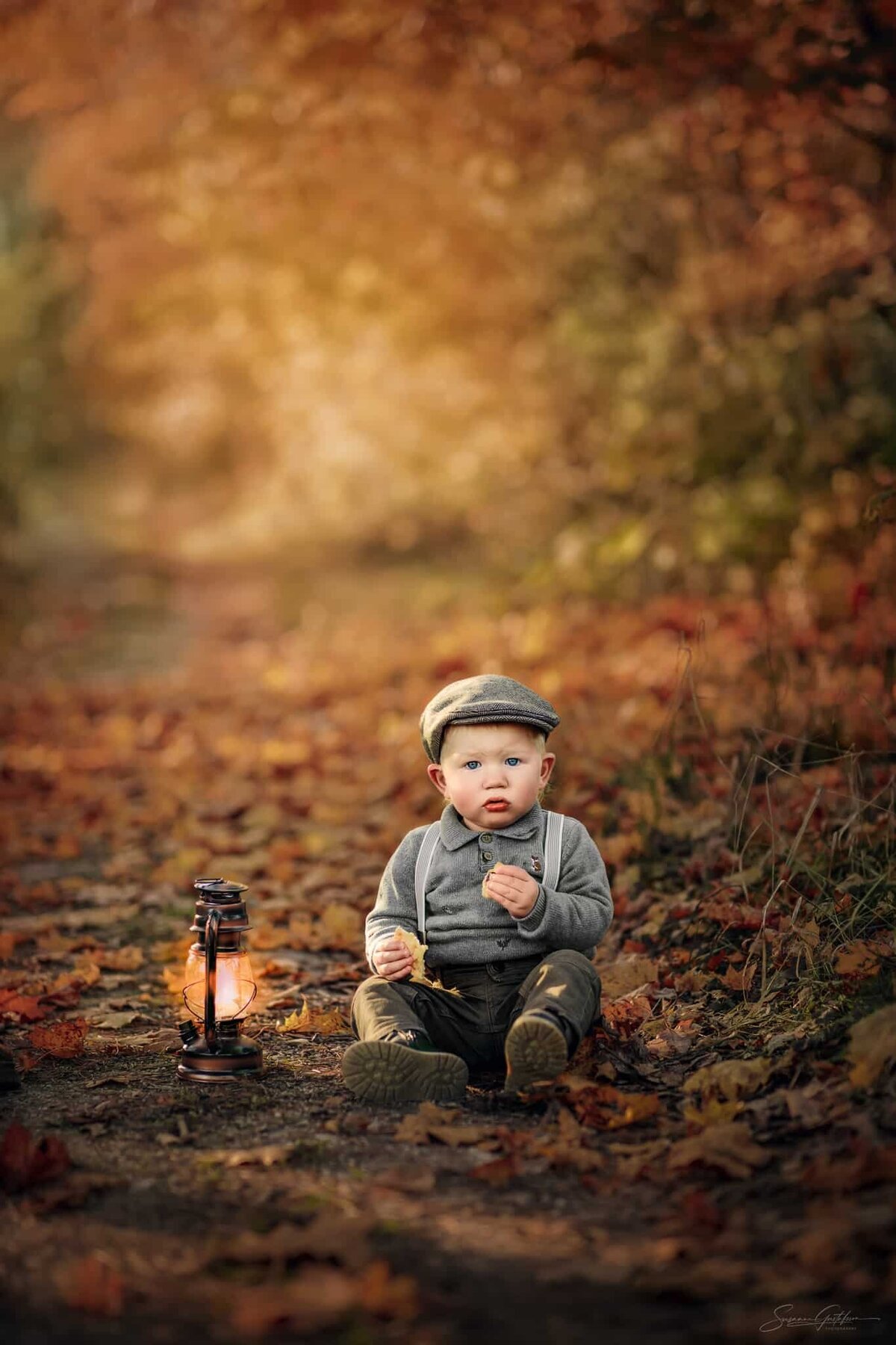 Liten pojke med grå tröja och basker sitter på en liten grusväg omgiven om vackra höstfärger och ett varmt gyllene ljus.