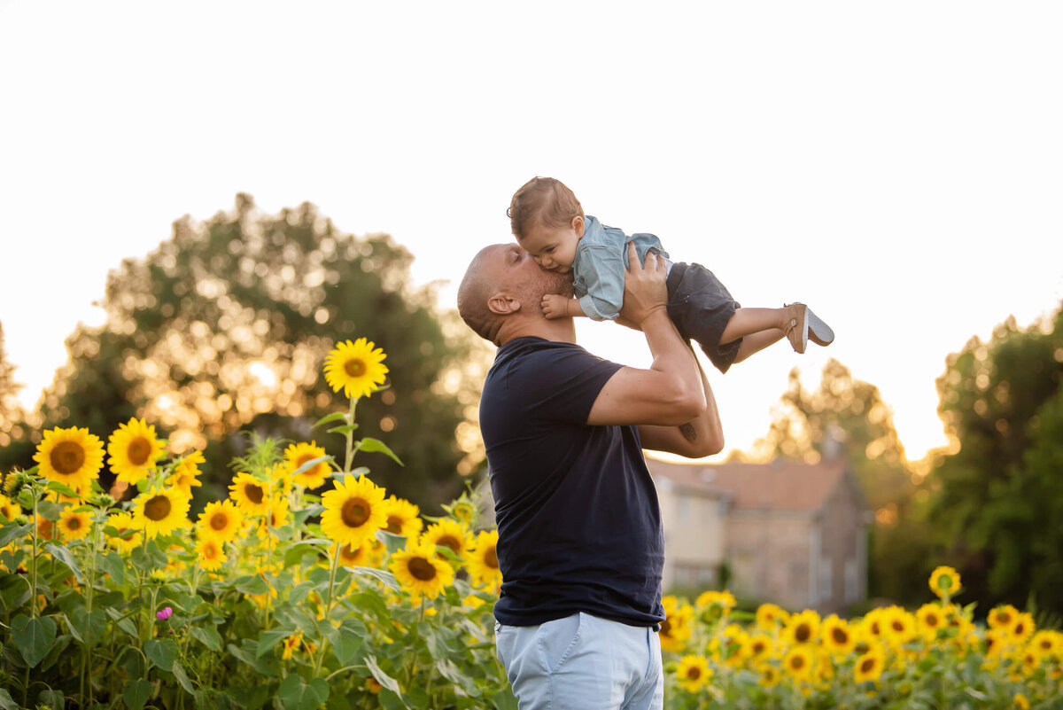 dad holding his son up in the air in a sunflower field with the sun setting behind them for their family photos in Burlington