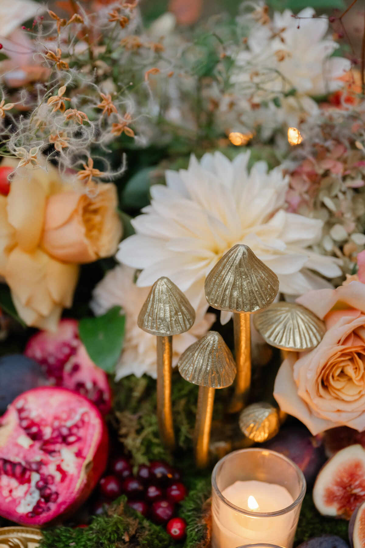 Mushroom decor surrounded by flowers