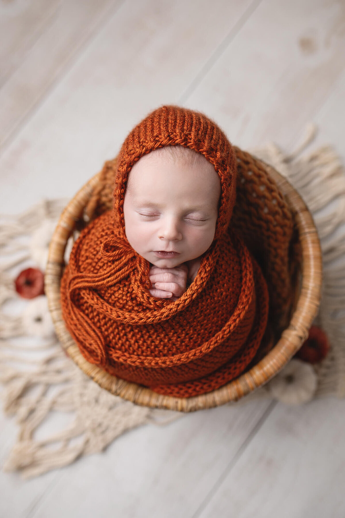Minnesota Newborn photographer, Jennifer Brandes Photography. Newborn wrapped in deep orange for his baby photo shoot.