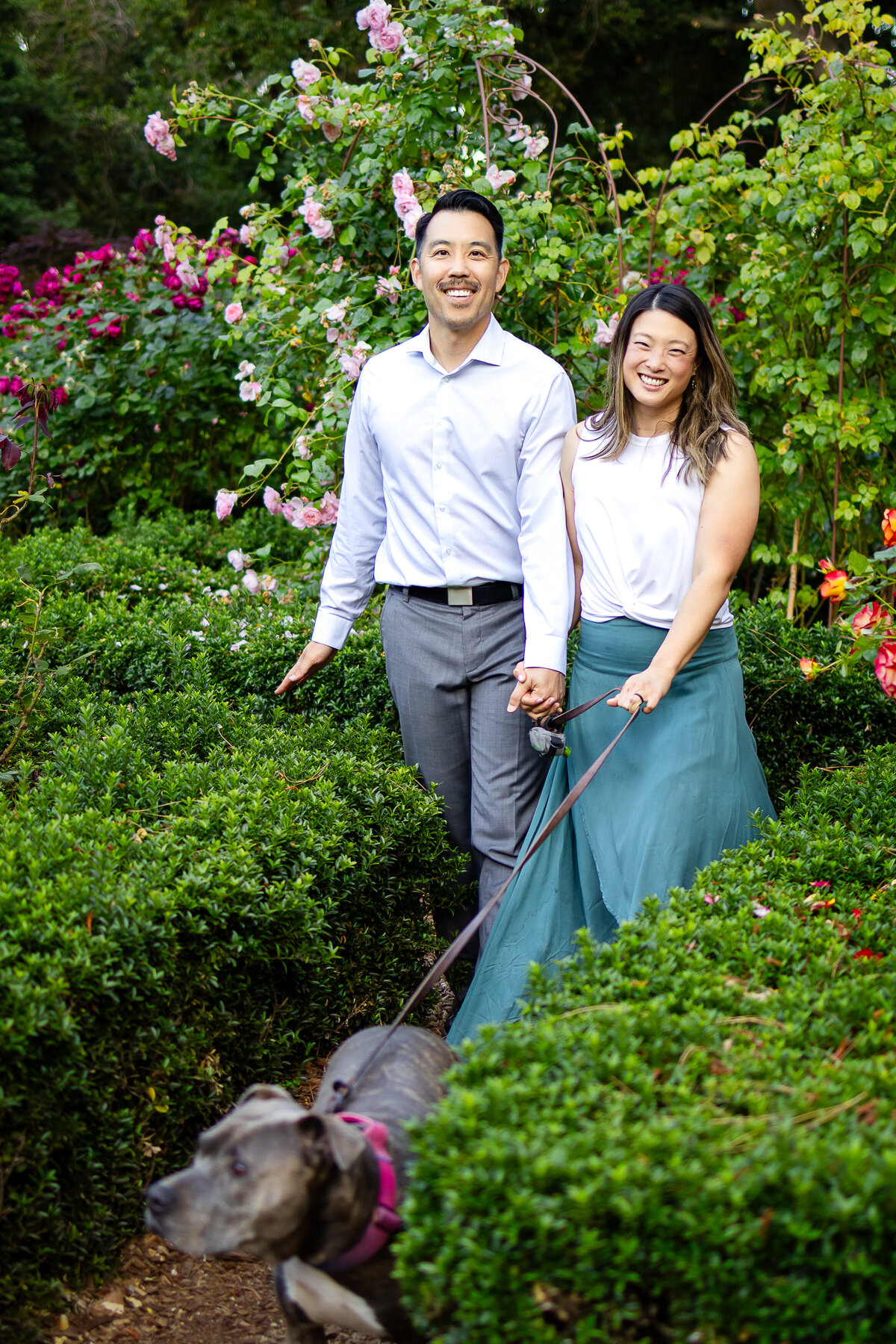 A joyful couple's portrait session in a blooming garden captured by San Mateo family 