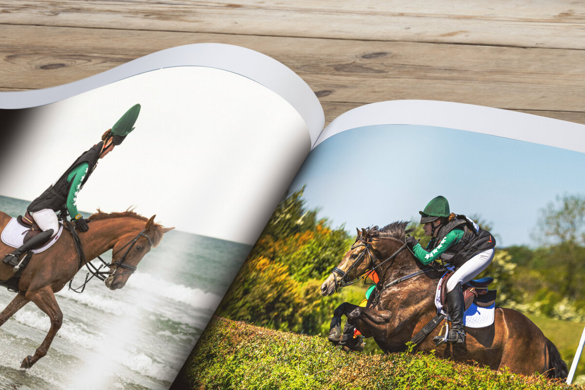 A photo book spread with photos of horses and riders