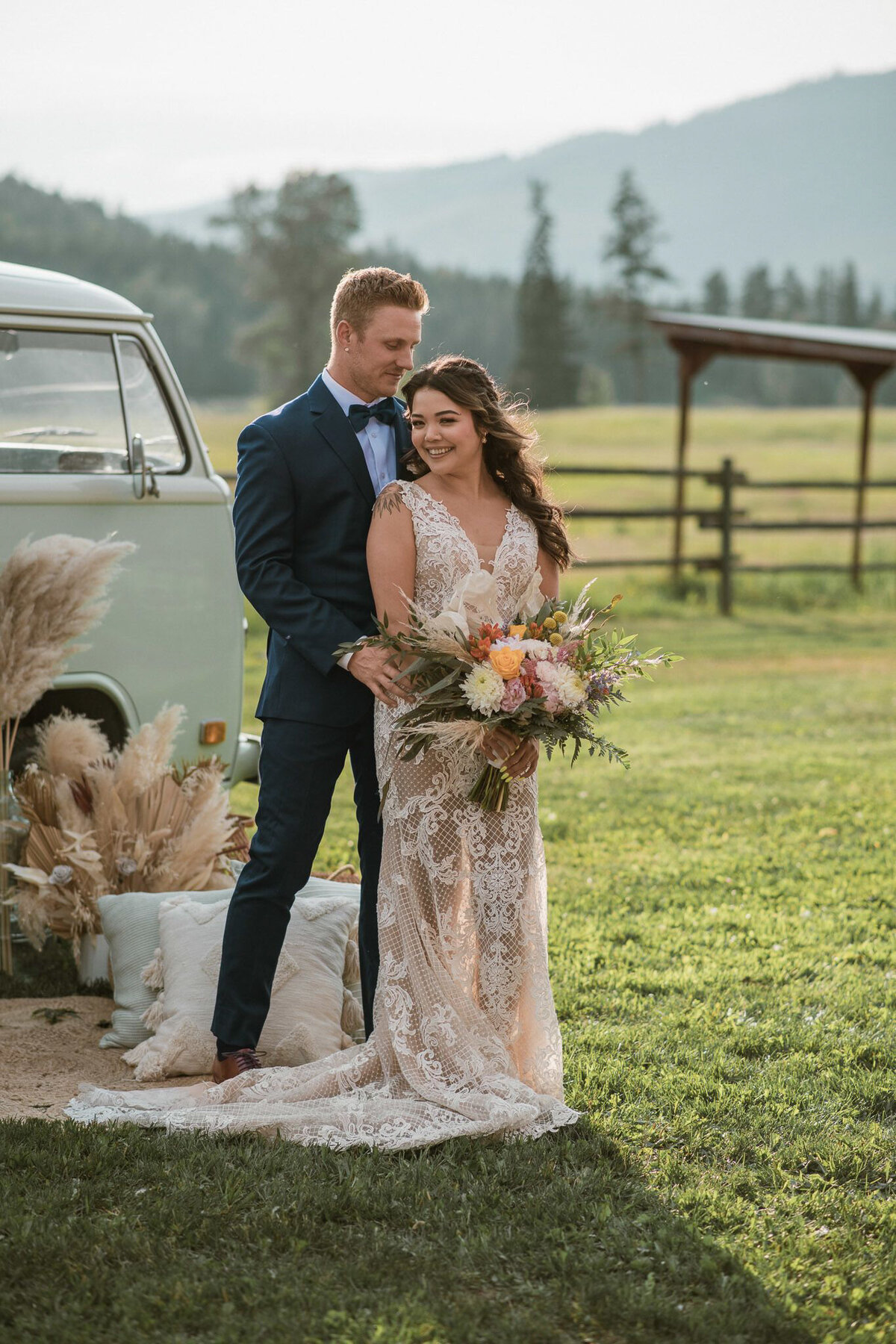 Bridal portrait with pampas and vintage Volkswagen van, captured by Photos by Marissa, nostalgic and romantic wedding photographer in Kelowna, BC. Featured on the Bronte Bride Vendor Guide.