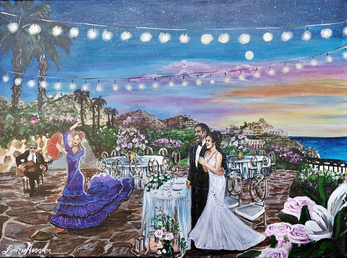 pueblo bonito sunset beach resort live wedding painting by Laura Herndon