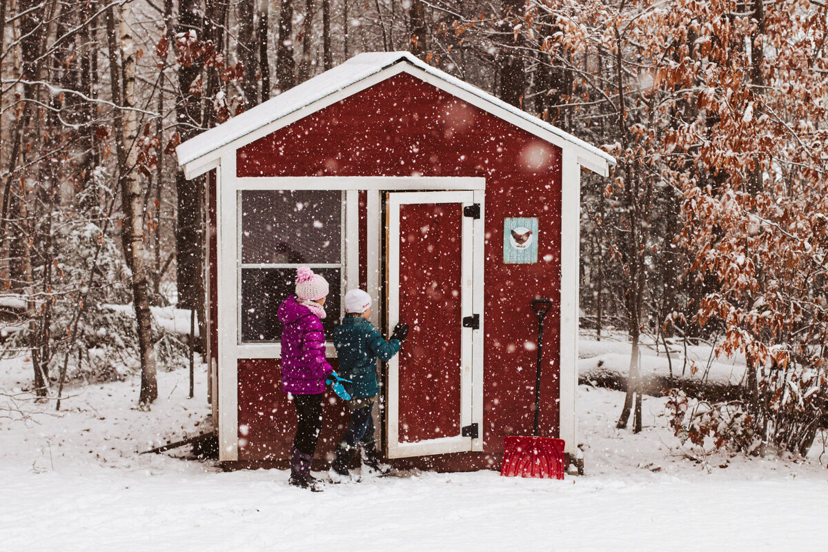 kids entering a red chicken coop on a snowy day