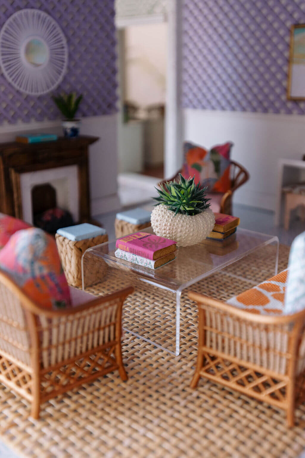 oyster creek studios petite palm beach dollhouse woven rug with wooden chairs and miniature glass coffee table in living room