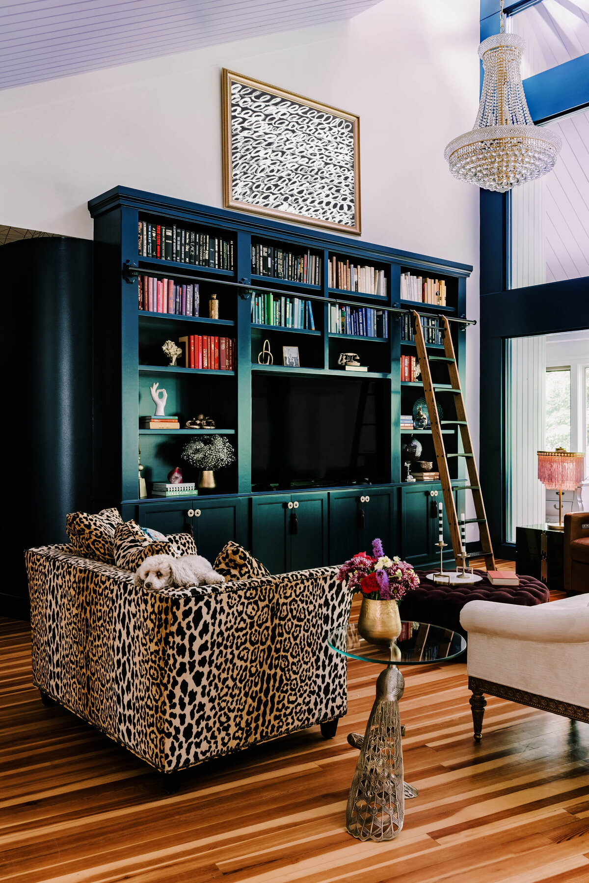 sweet southern home merry maximalism leopard print armchair green shelves