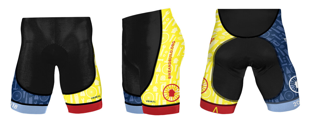 Front, back and side of Bike & Build cycling shorts