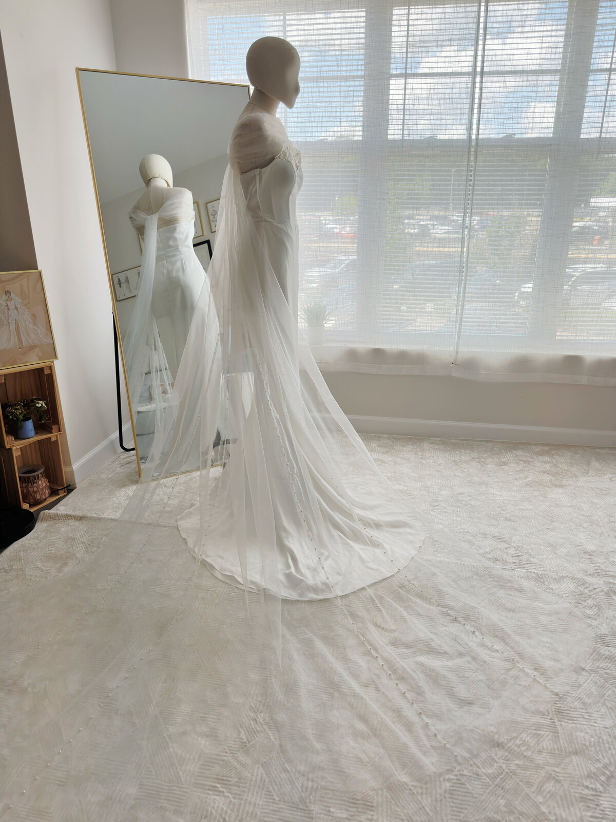 Ethereal long bridal scarf with pearl details perfect for a romantic ceremony look