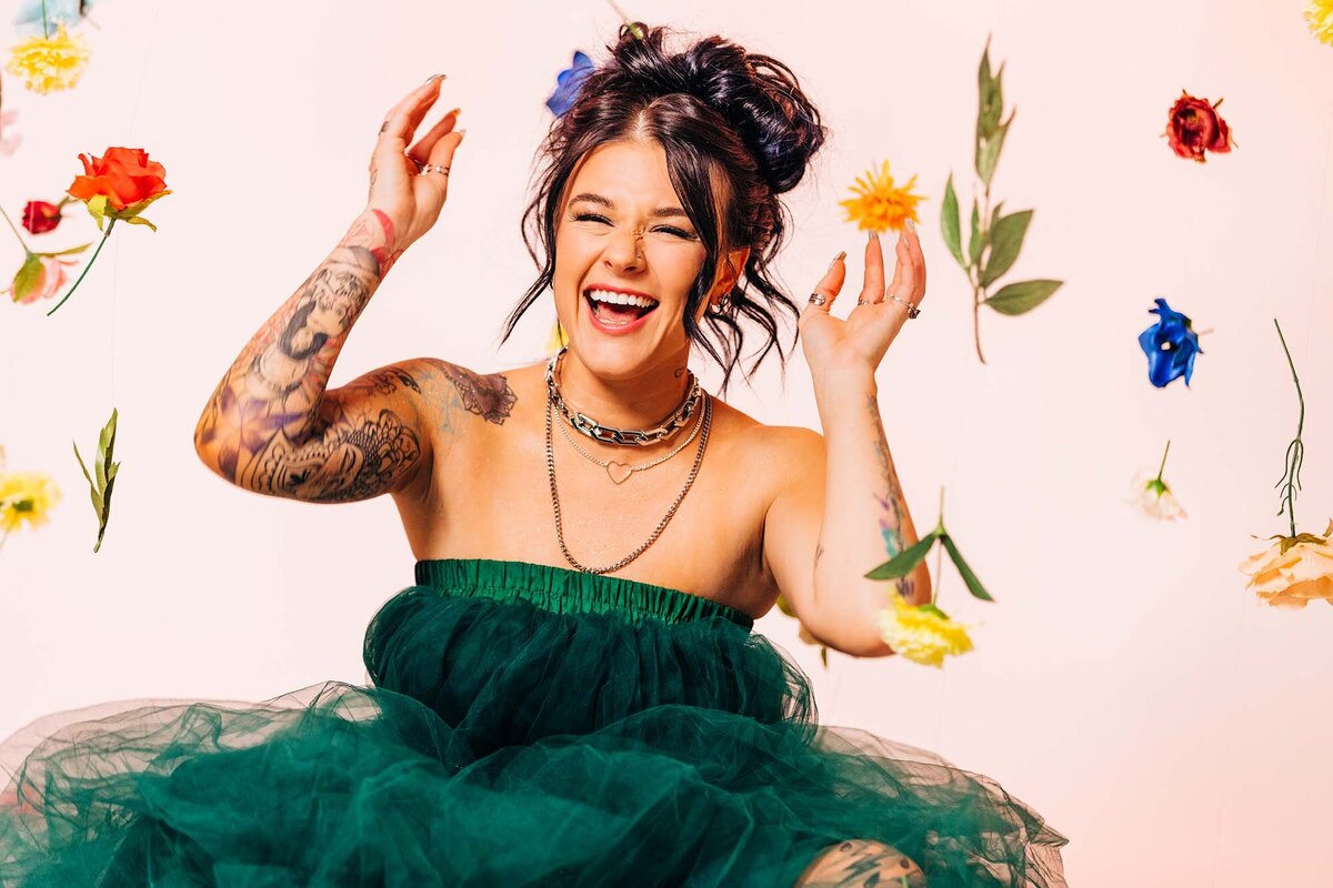 Studio portrait of Montana model laughing in Missoula, MT