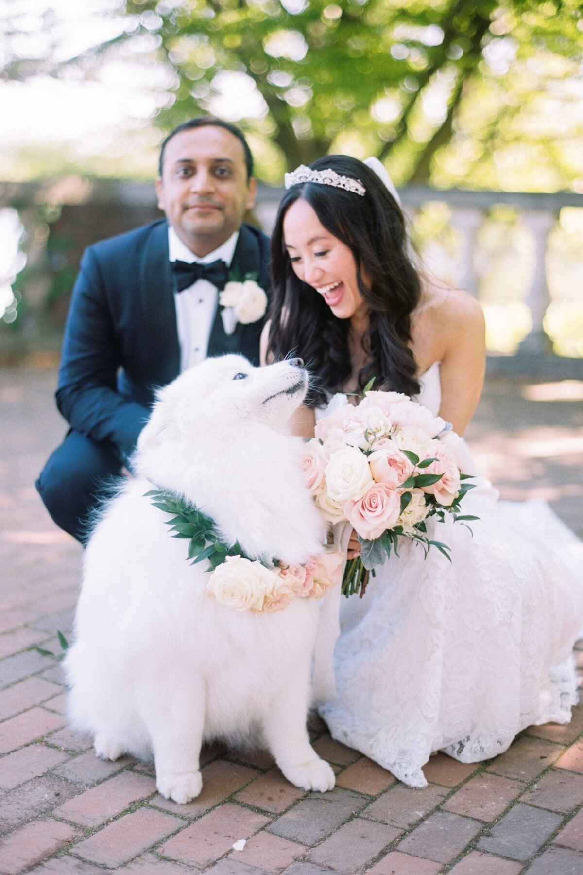 Dog Ring Bearer with Romantic Flowers at Luxury Chicago North Shore Garden Wedding Venue