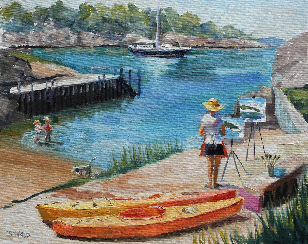 Painting of Thimble Islands with plein air artists painting with their easel, and kayaks, dog and kids, vibrant blue water with rocky island, 16 x 20, oil on canvas, by Linda Marino