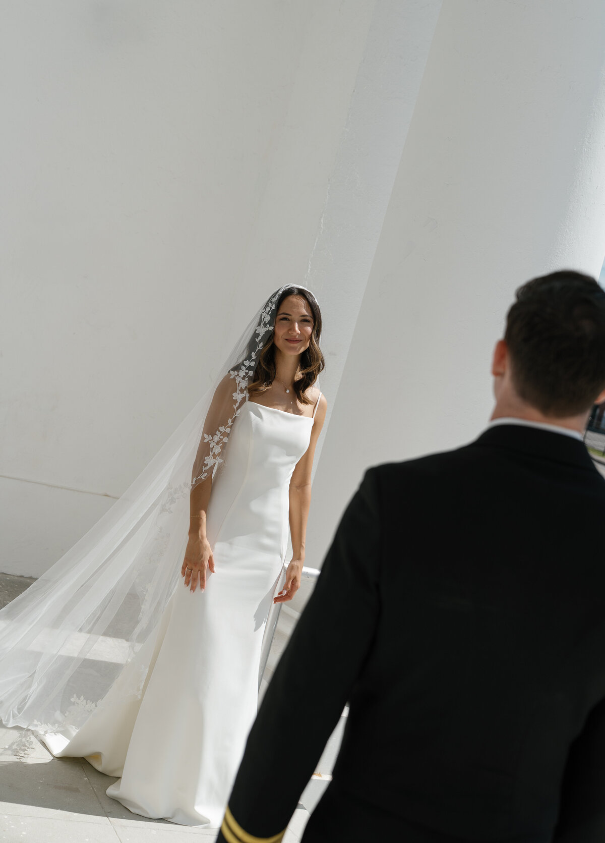 Bride looking at Groom taken by film wedding photographer, Shelby Ann Photos
