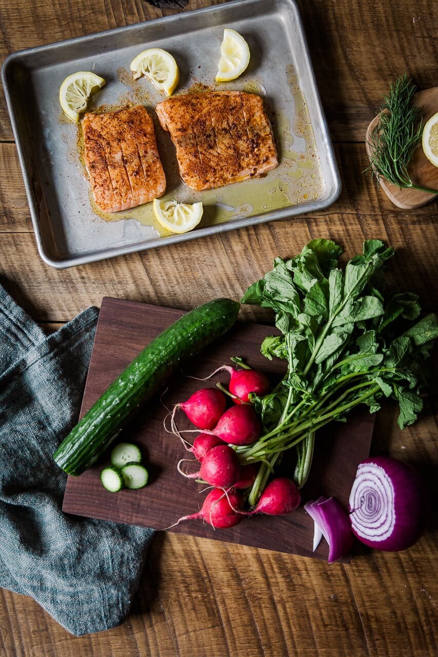harissa salmon and cucumber salad ingredients
