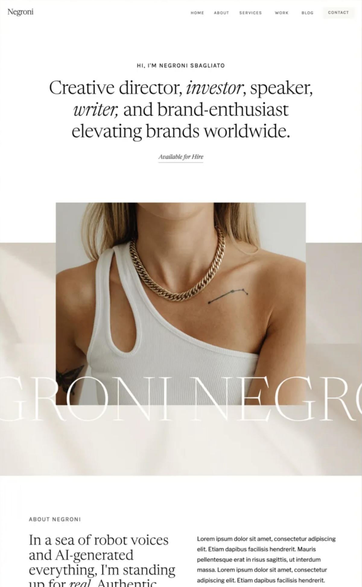Home page of the Negroni Showit template from TONIC Site Shop