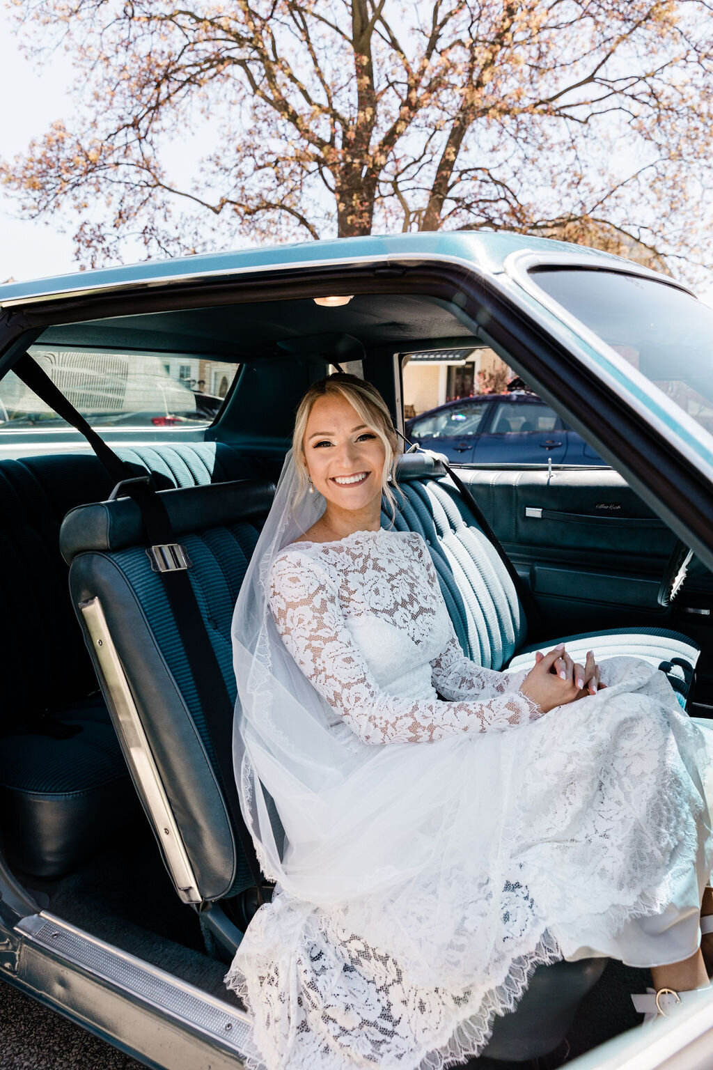 Bride-Dress-Veil-Gettaway-Classic-Car-