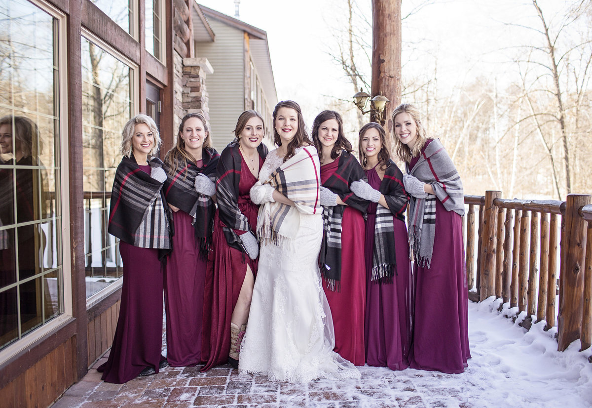 deep red bridal party winter Minnesota wedding photographer