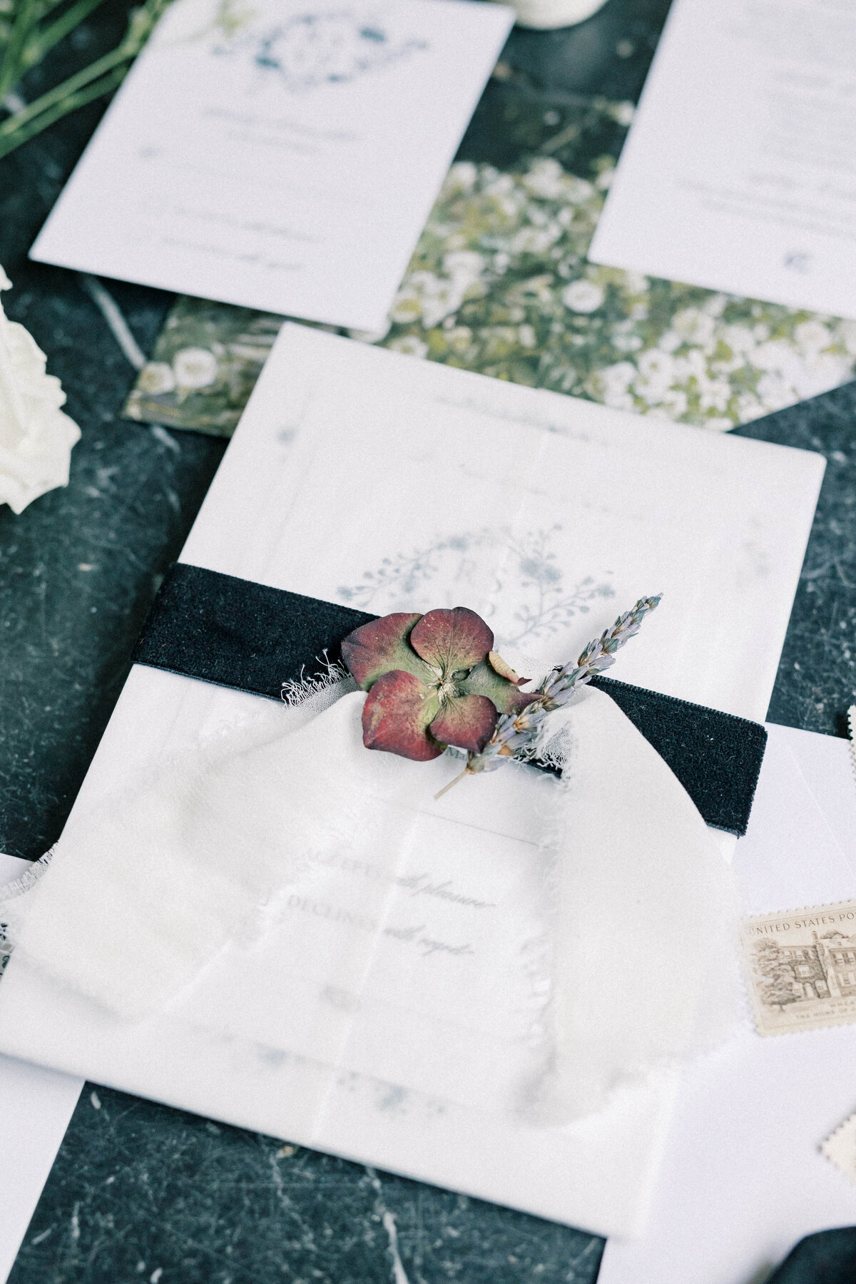 dried floral hydrangea wedding invitation with black ribbon by merci studio