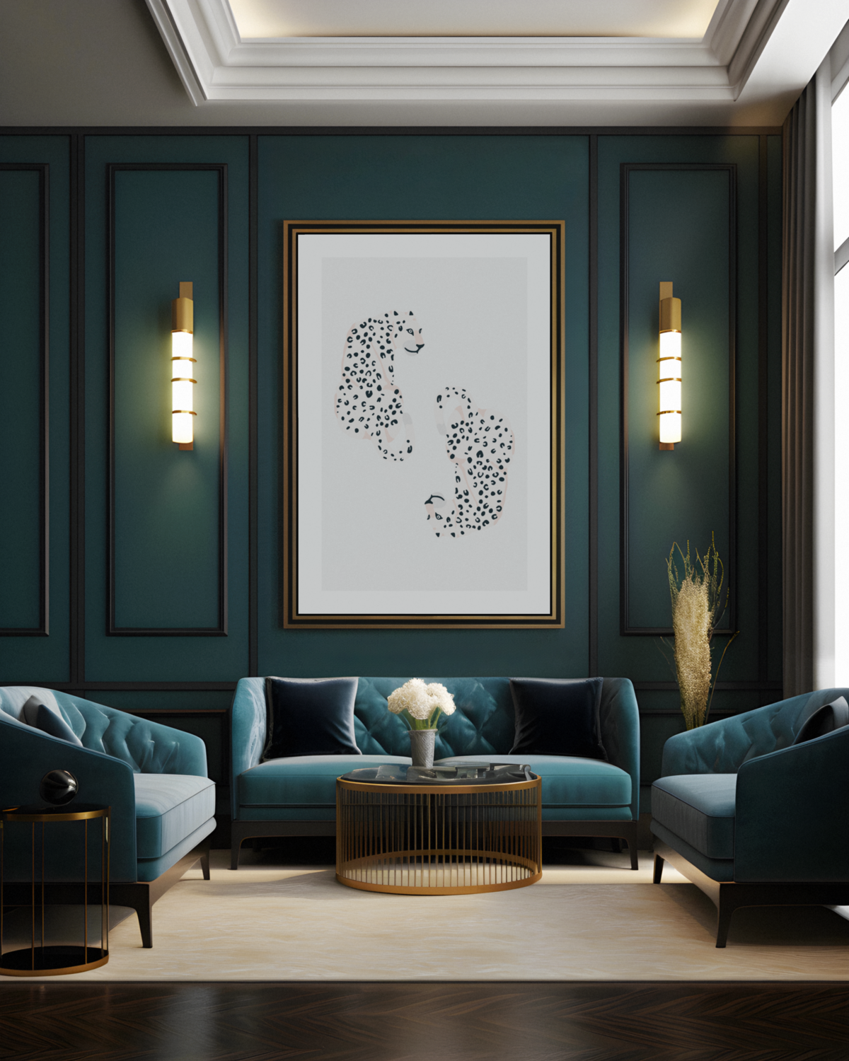 Elegant living room with teal walls and tufted sofas, a round gold coffee table, framed abstract art, wall sconces, and a large window providing natural light—styled with Sweet Pea Ink Creative’s signature brand design flair.