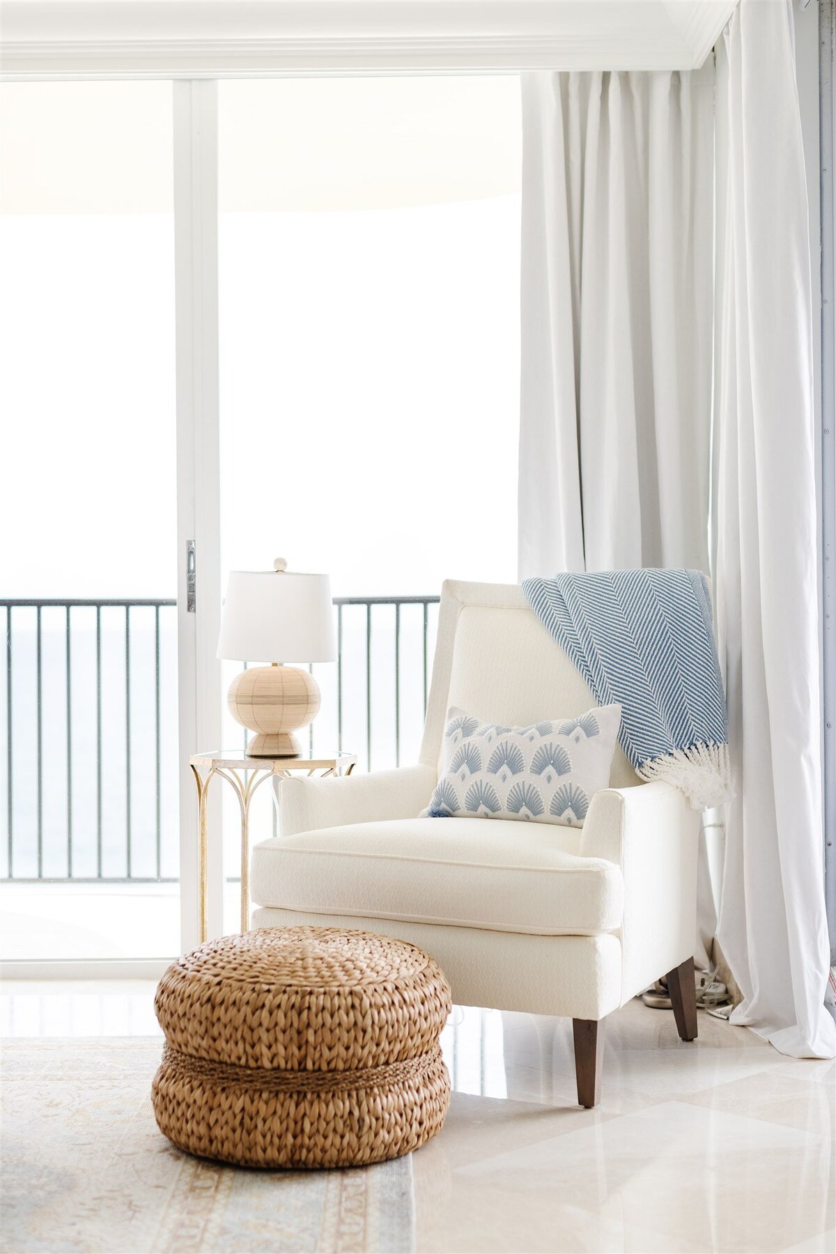White chair with blue and wooden accents