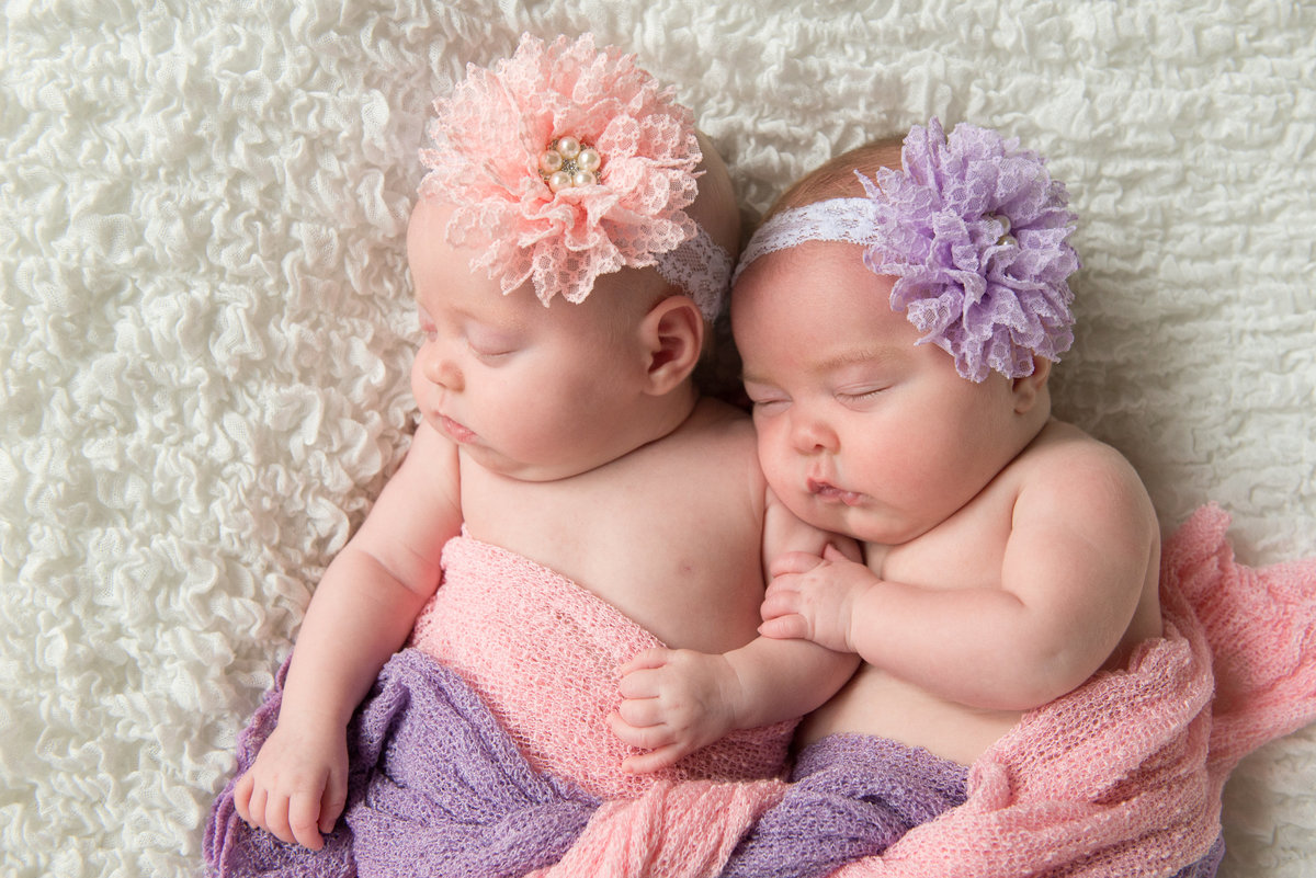 twin girls newborn pink and purple flower headband