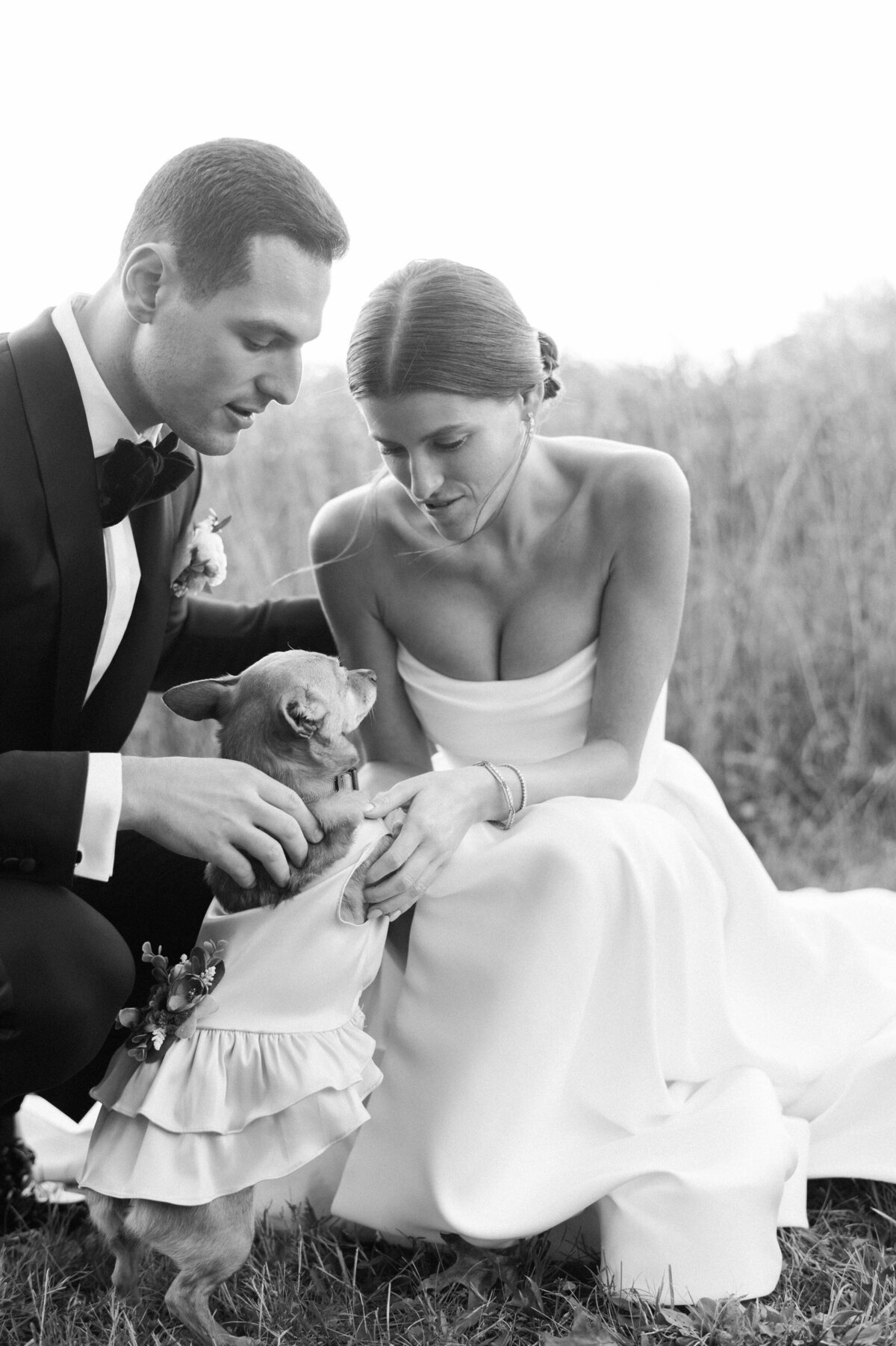 The bride and groom pose with their dog