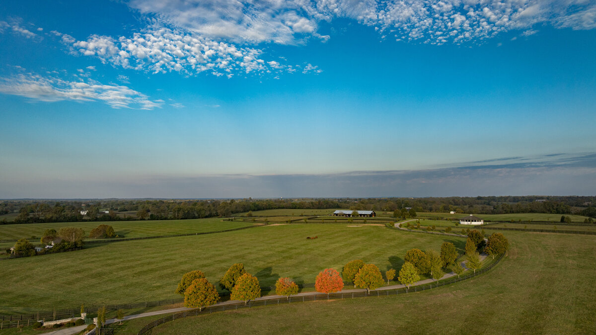 Blue Heaven Farm from above, showing pastures and autumn colors.