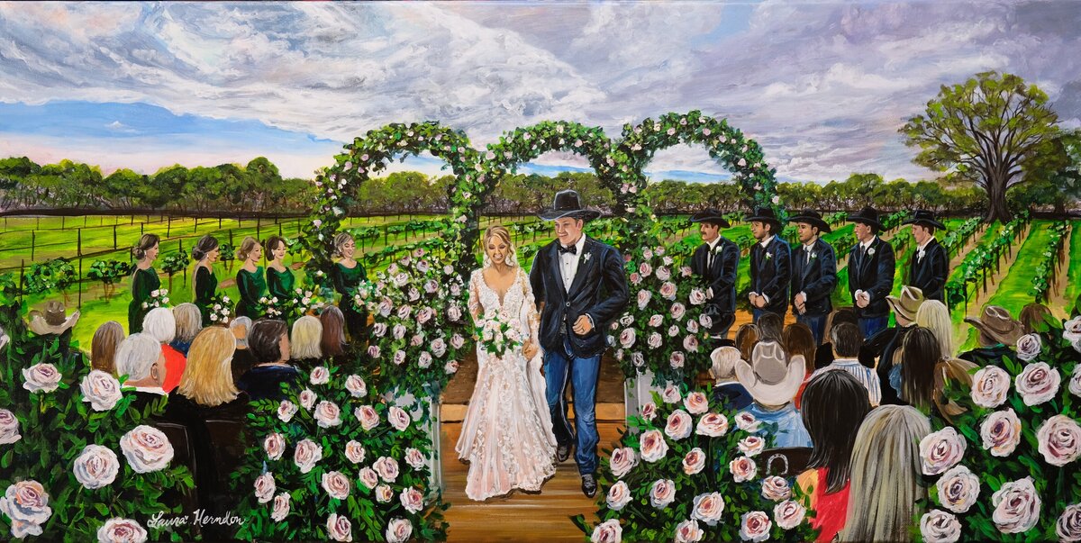 live wedding painting done at the weinberg at wixom valley in bryan texas artist Laura Herndon with impressionist live wedding painting and fine art