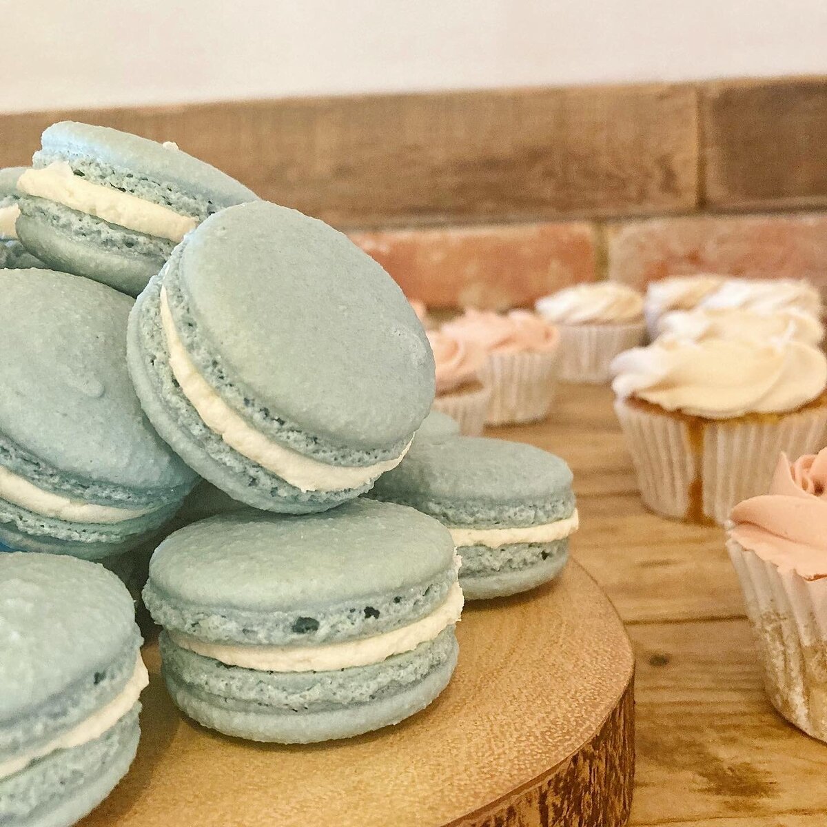 Pale blue sage green macarons wedding dessert table