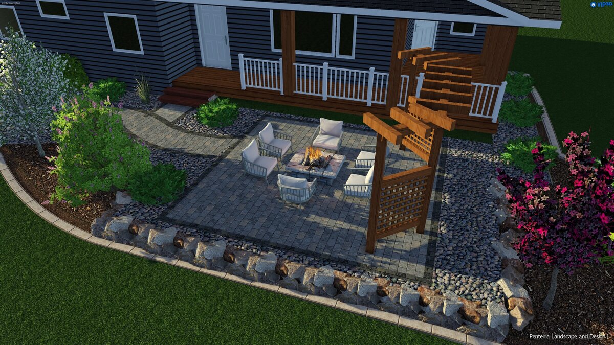 front yard design with pavers on a square pad with a firepit in the middle, a privacy fence in a pergola style, limestone rock beds with trees in shrubs that grow in Alberta, Brick edging for easy mowing