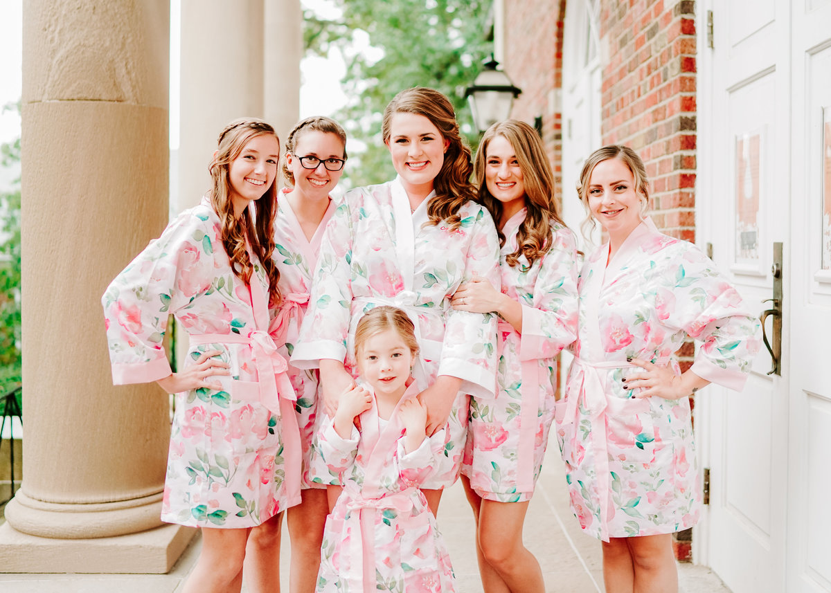 bridesmaids in floral robes stetson chapel kalamazoo