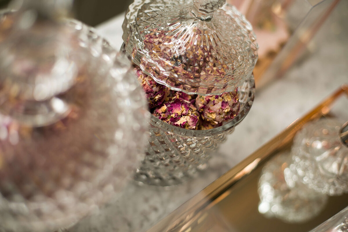 Rose Bon Bon desserts served in a glass trinket